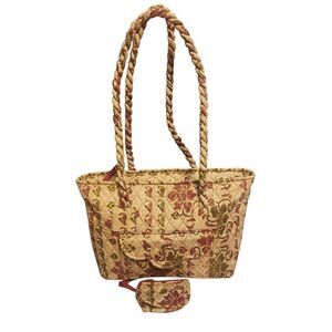 Naples Bag Company gold patterned Quilted top zip tote purse twisted handle